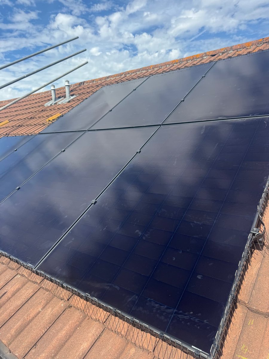 Close-up of all-black solar panels with bird protection mesh