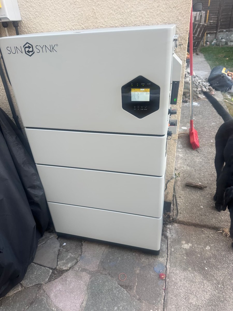 Outdoor Sunsynk battery stack and hybrid inverter installation