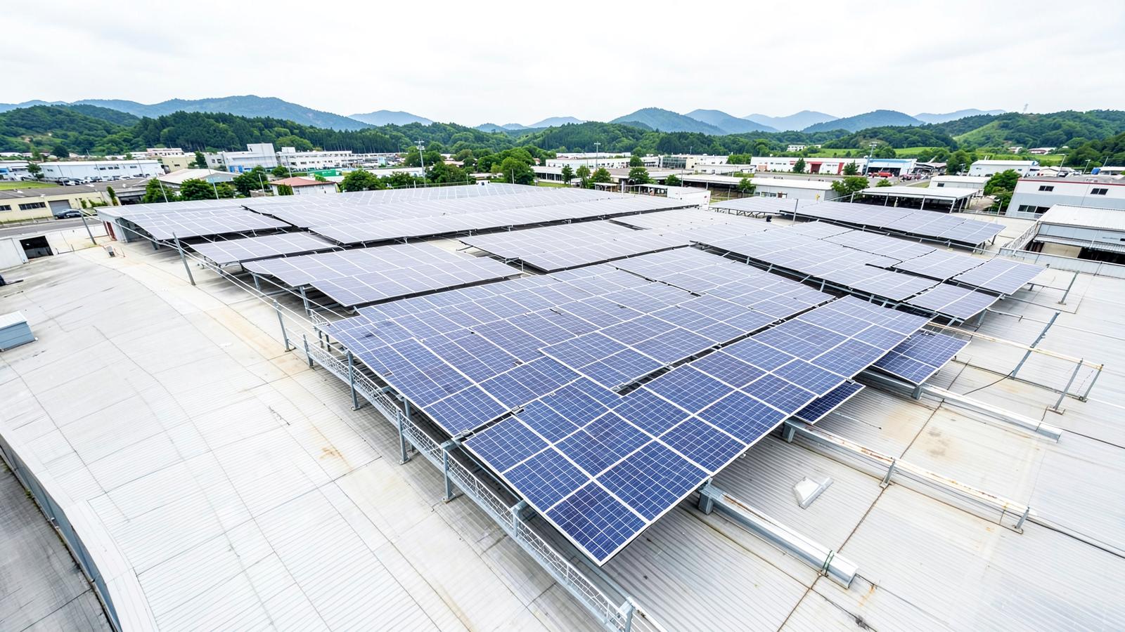 Illustrative view of commercial solar PV arrays installed on a South Wales warehouse roof