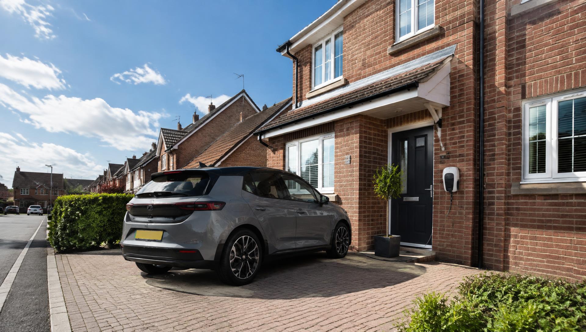 Electric car charging from a wall-mounted home EV charger on a brick house driveway