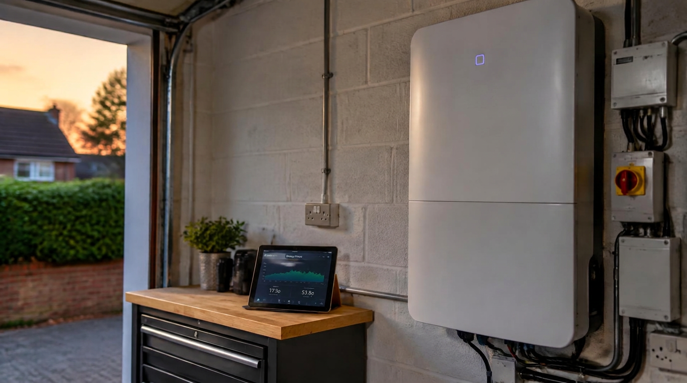 Home battery storage unit on a garage wall with an energy price app on a tablet