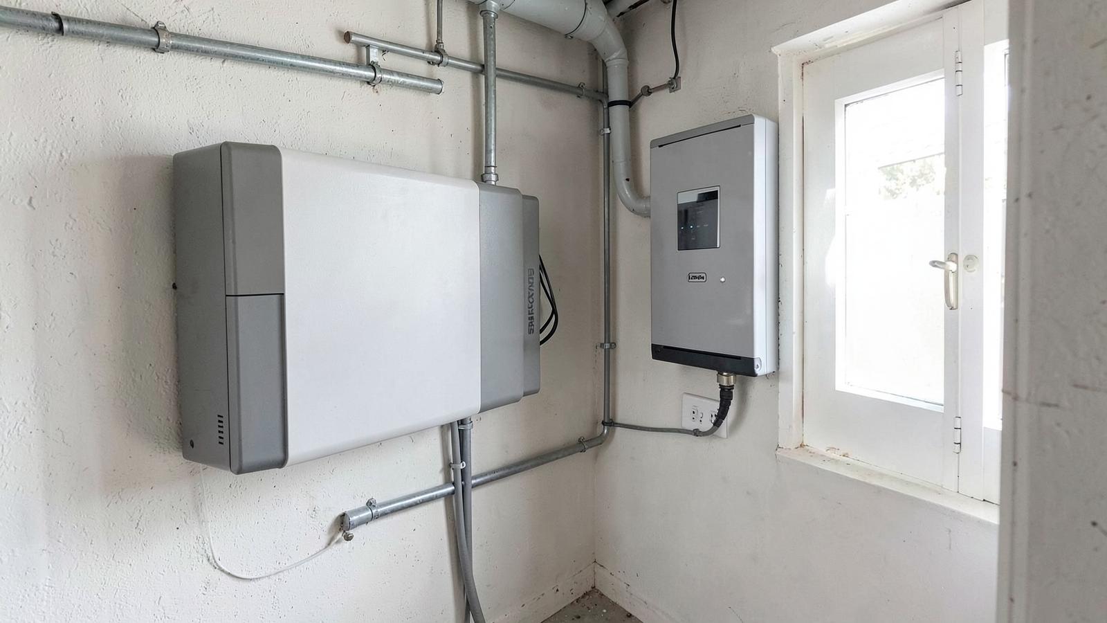 Illustrative view of a wall-mounted home battery and inverter installed in a Bristol garage