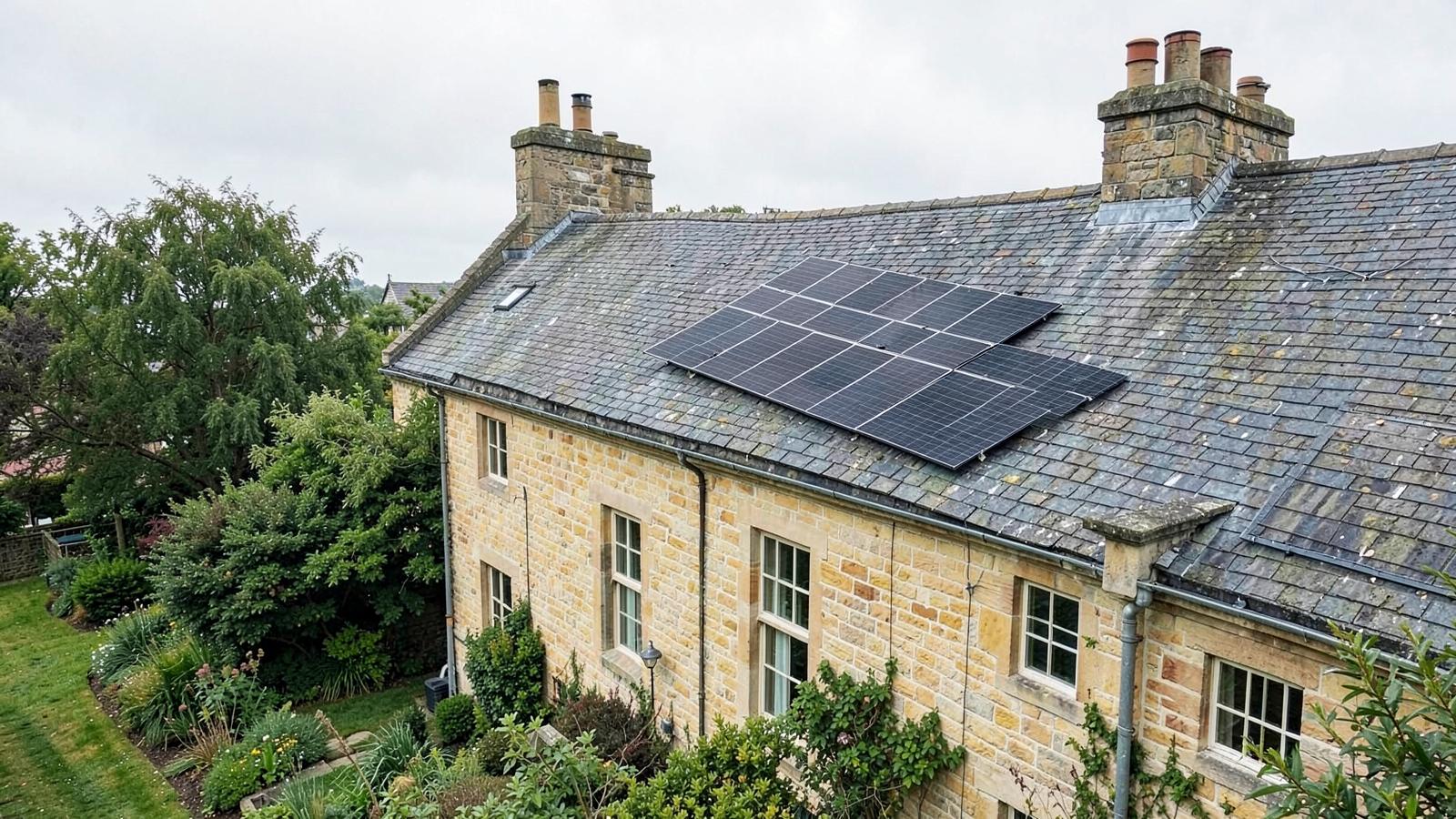 Illustrative view of discreet solar panels on the rear roof slope of a Bath stone home