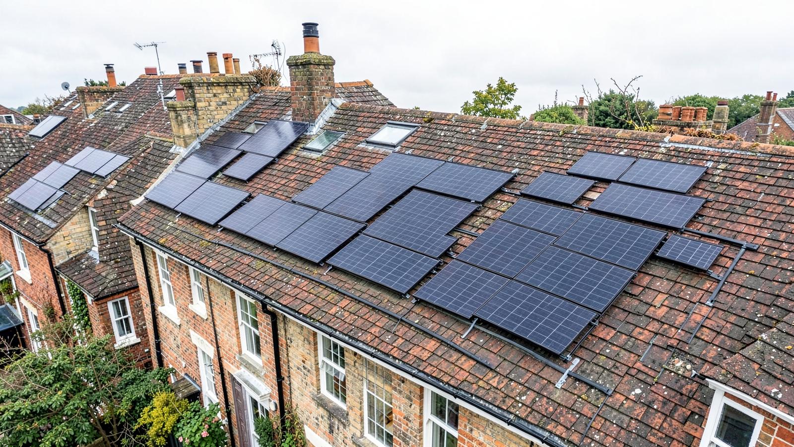 Illustrative view of solar panels fitted to pitched tiled roofs on a Bristol residential street