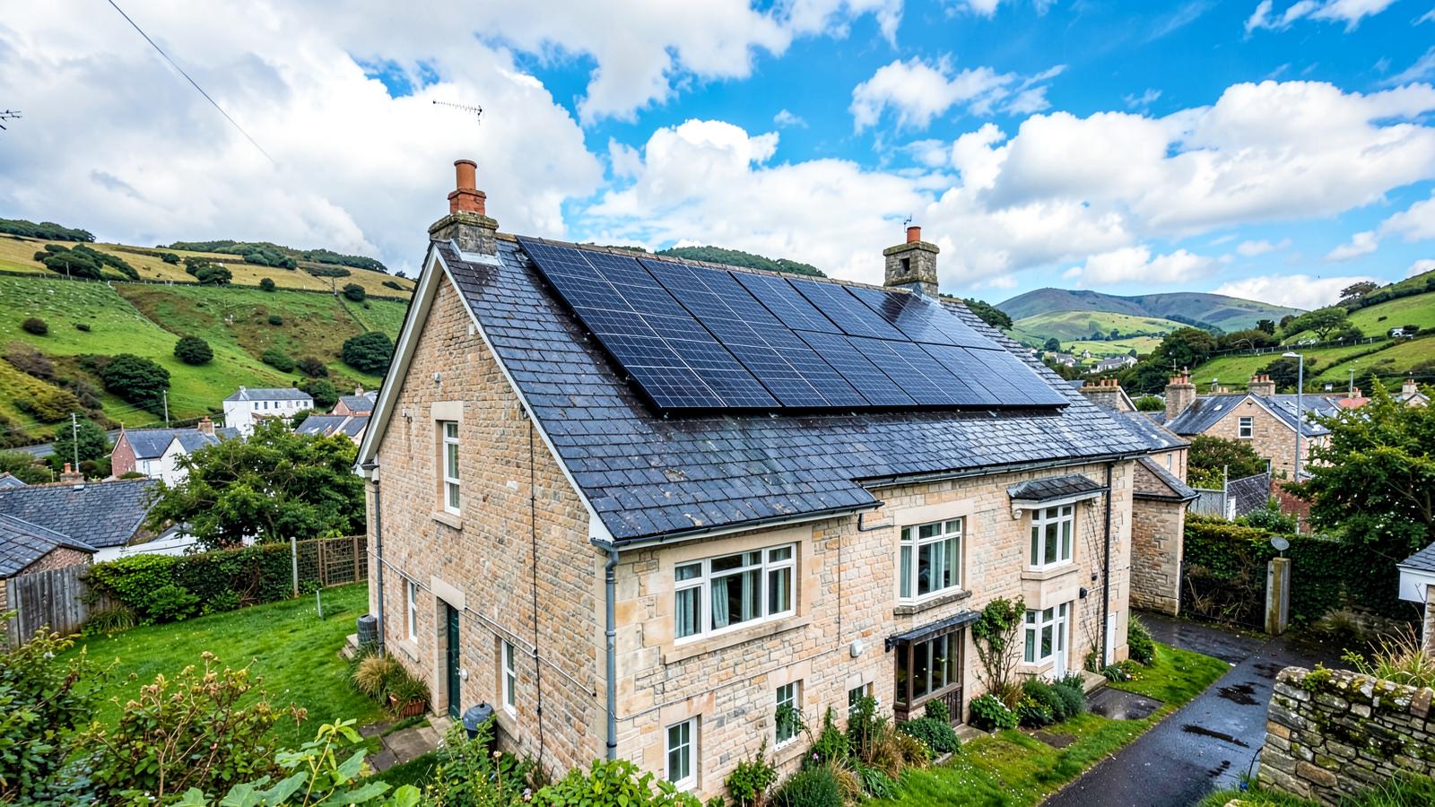Illustrative view of solar panels fitted to a slate-roof home in South Wales