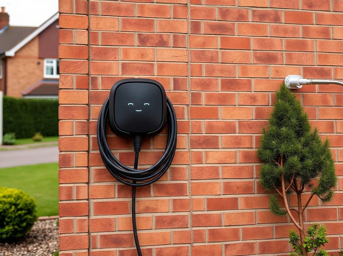 A smart home EV charger neatly installed on the brick wall of a Bristol home